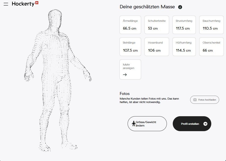 Körperprofil von Hockerty mit dreizehn Massen am 3D-Modell