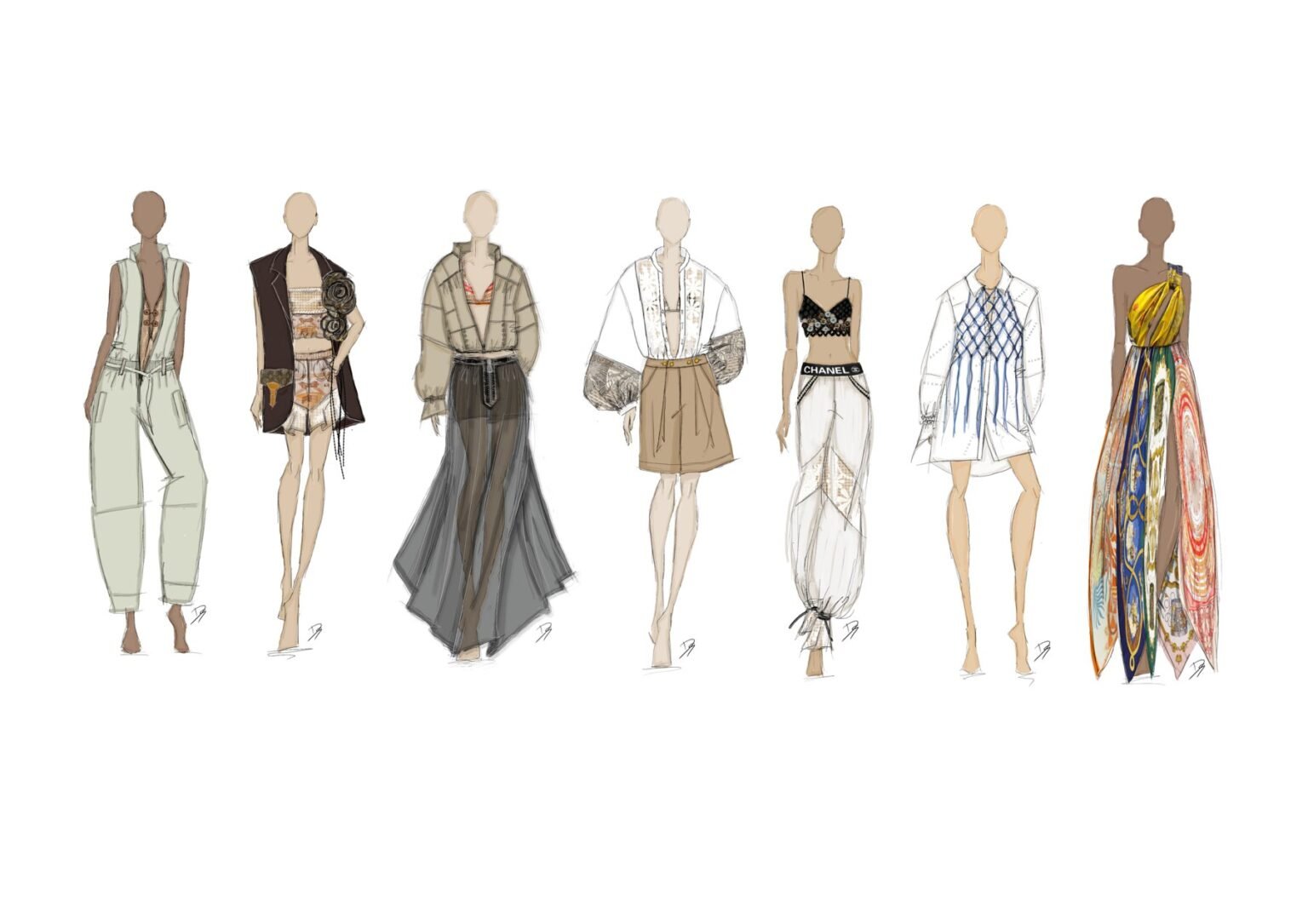 REAWAKE: Wenn Reste zu Couture werden UNFOLD Capsule Collection von REAWAKE – Kleiderskizzen der sieben Looks.